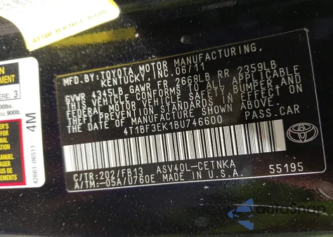 2011 Toyota Camry z USA, uszkodzony, nr VIN 4T1BF3EK1BU746600